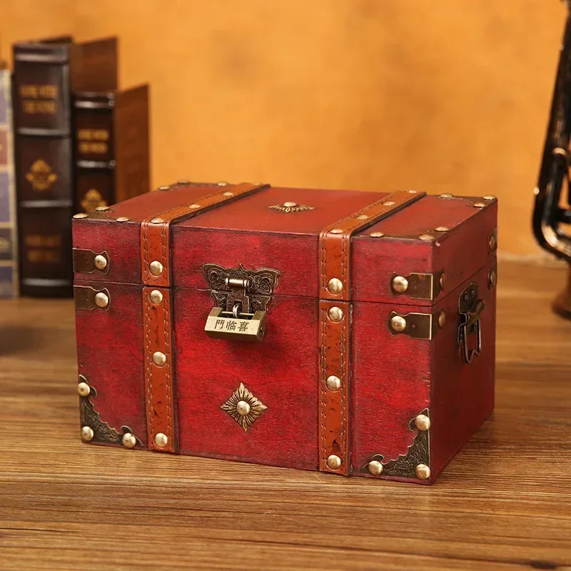 Retro Treasure Chest with Lock Vintage Wooden Storage Box Antique Style Jewelry