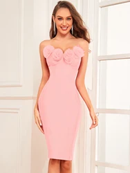 3D Flower Decorate Strapless Red Knee-Length Bodycon Bandage Dress For Cocktail Party