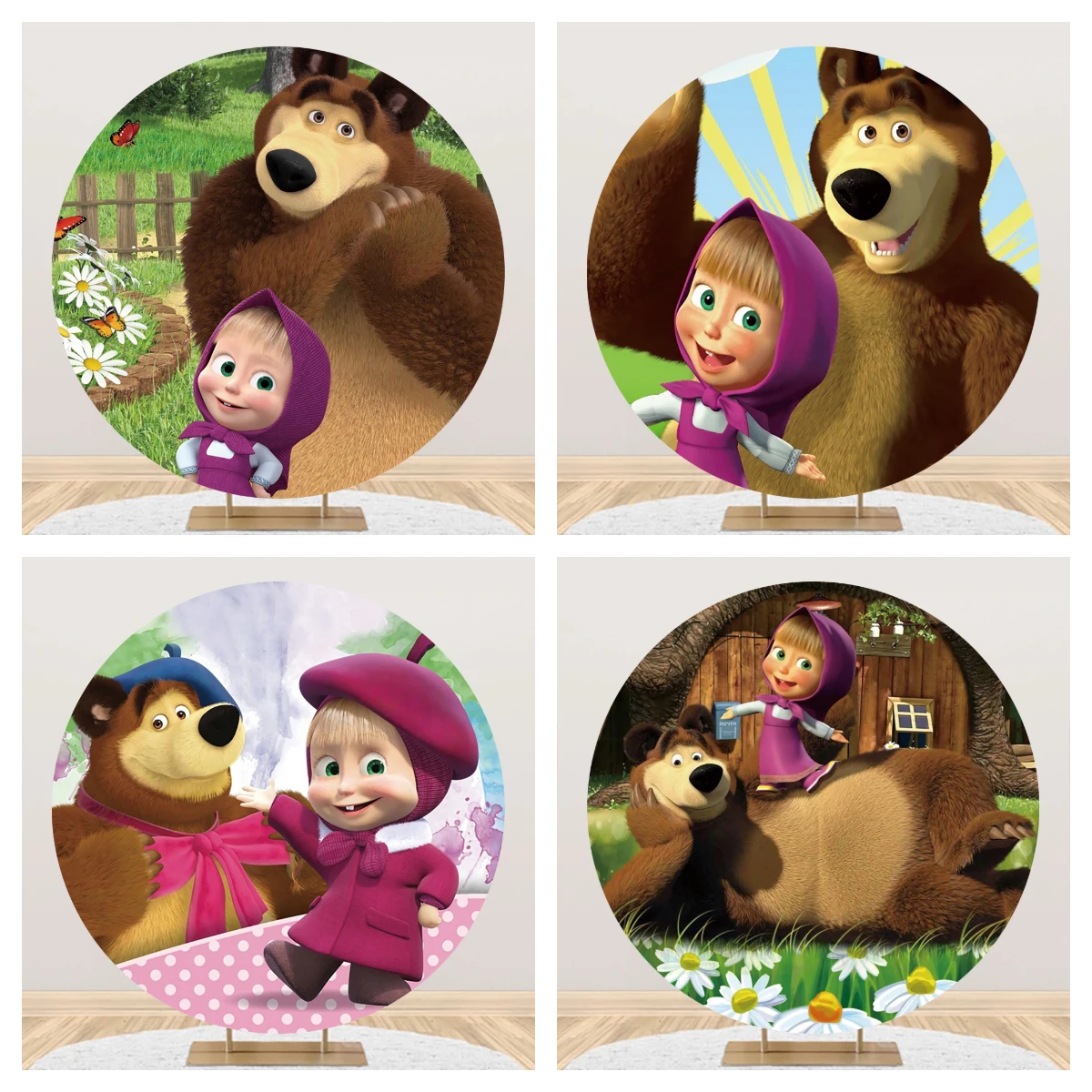 

Masha And The Bear Round Backdrop Photo Background For Photography Baby Shower Kids Birthday Party Supplies Props Banner Decor