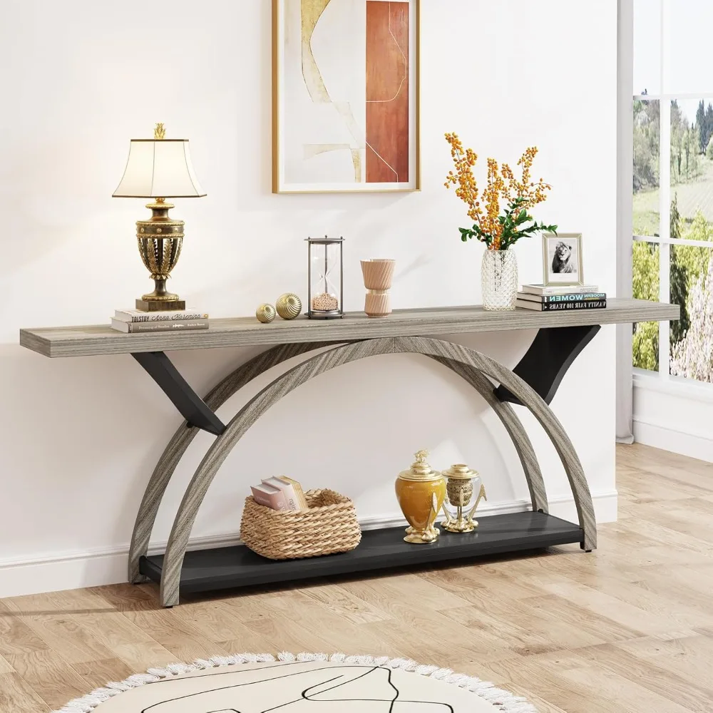 

70.87" Console Table with Storage Shelf, Narrow Long Sofa Table Behind Couch Table, 2-Tier Rustic Entryway Table with Half Moon