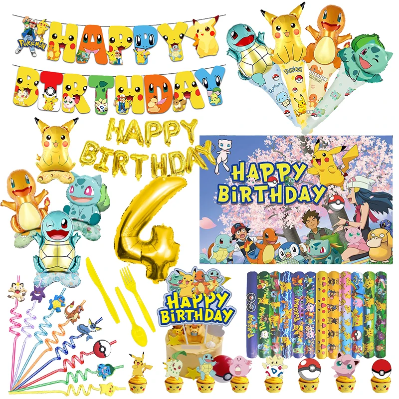 Pokemon Theme Birthday Party Decorations Classical Cartoon Disposable Tableware Set Latex Aluminum Foil Balloons Event Supplies