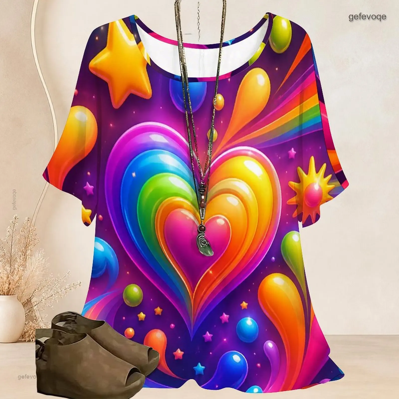 Women Rainbow Layered Heart Star Printed Round Neck Loose Batwing Short Sleeve Curved Hem Top
