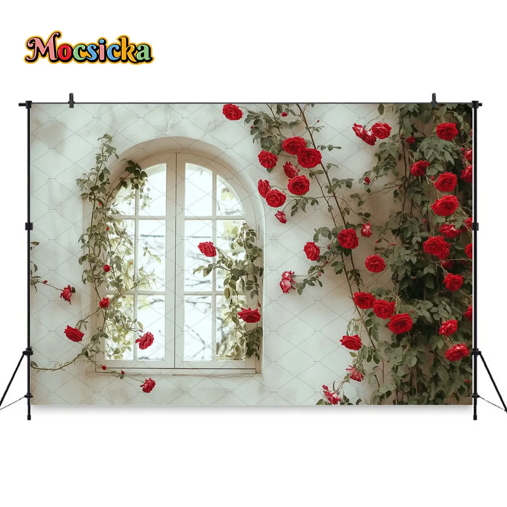 Mocsicka Fondo de pared de flor rosa roja fotografía Día de San Valentín ventana telón de fondo decoración niña cumpleaños boda estudio fotográfico