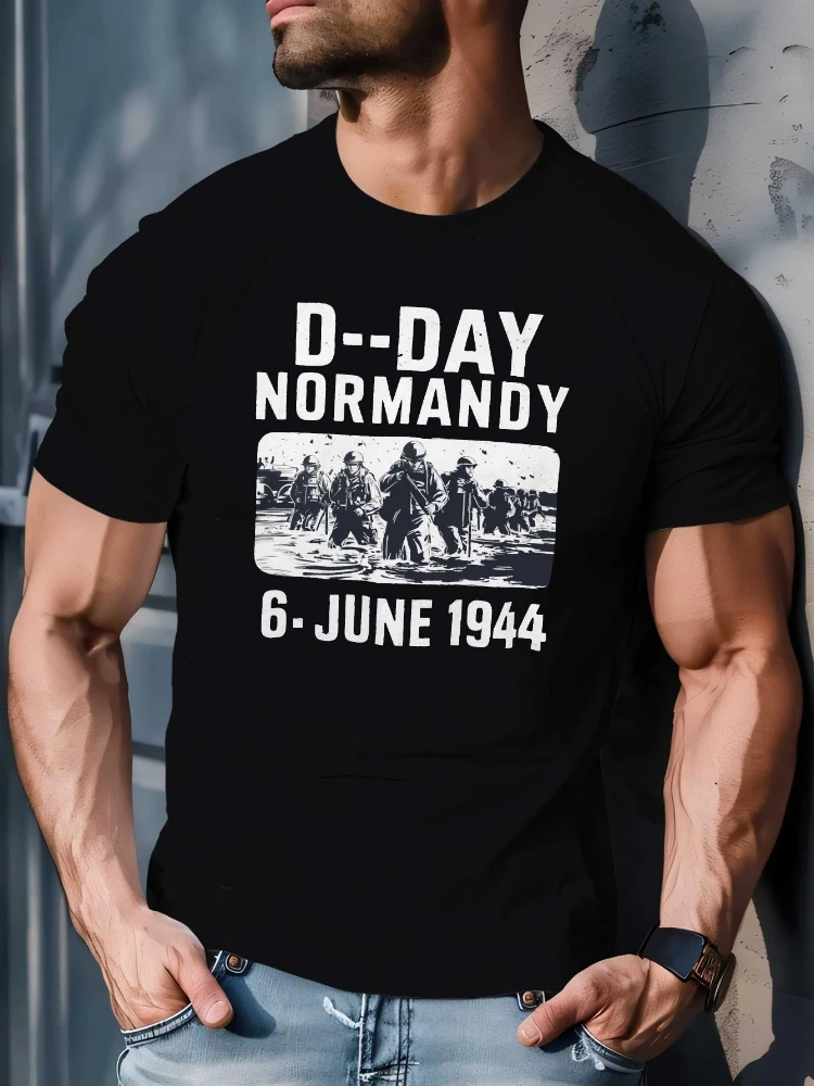 

D-Day Normandy Historical with D-Day June 6, 1944 design-100% cotton summer O-neck short sleeve casual printed men's T-shirt.