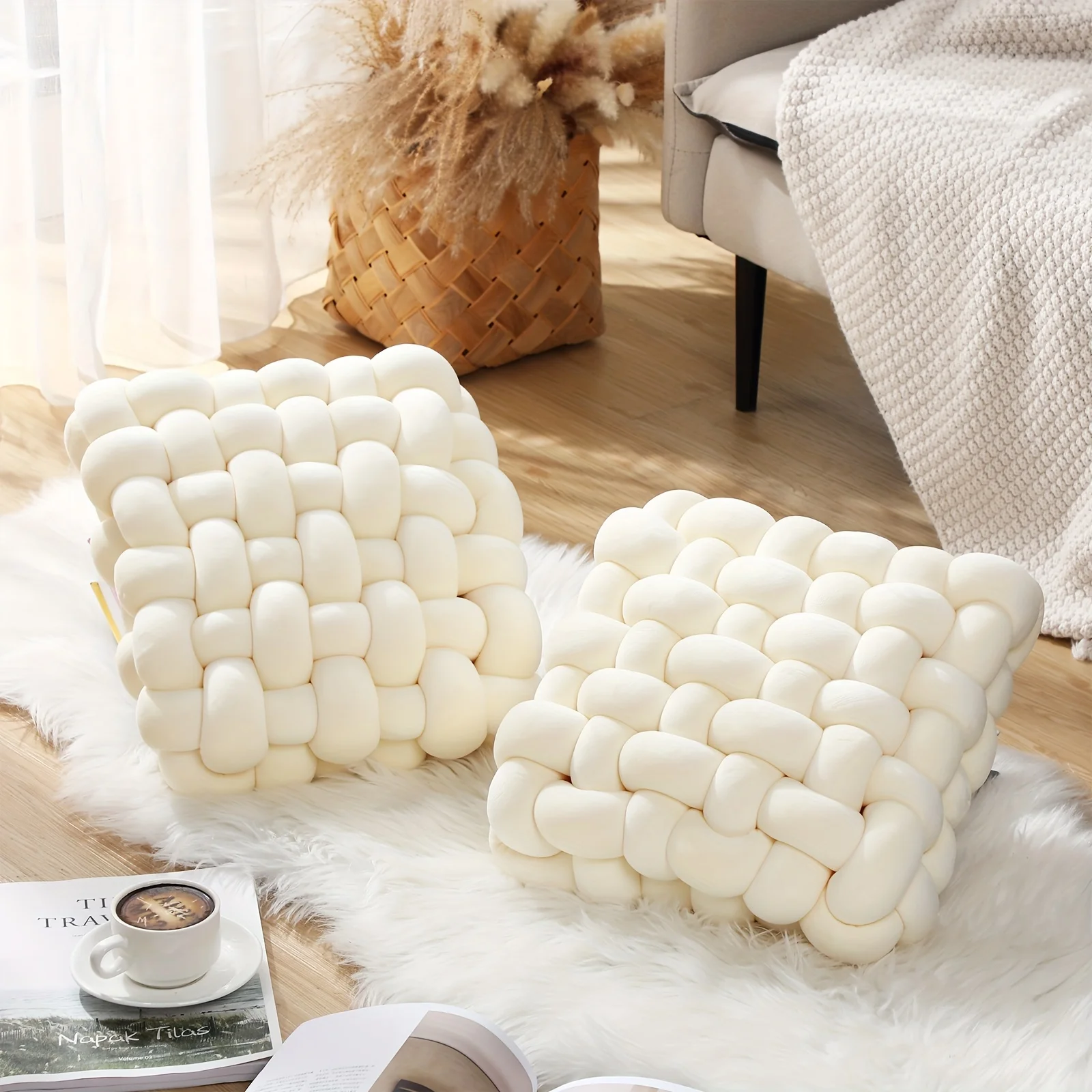 

2pcs Knot Pillow Soft Throw Pillow Home Decoration Cushion Square Office Knotted Plush Throw Cushion for Living Room Bedroom Sofa Couch Living Room Decor, 12'' X 13''(Ivory)