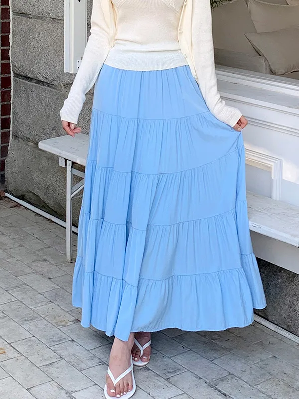 

Chic Spring Gentle Wind High Waist Slim A-Line Skirt Cake Skirt Fulln f-length Women's Sweet Sle Pure Color Long Skirt