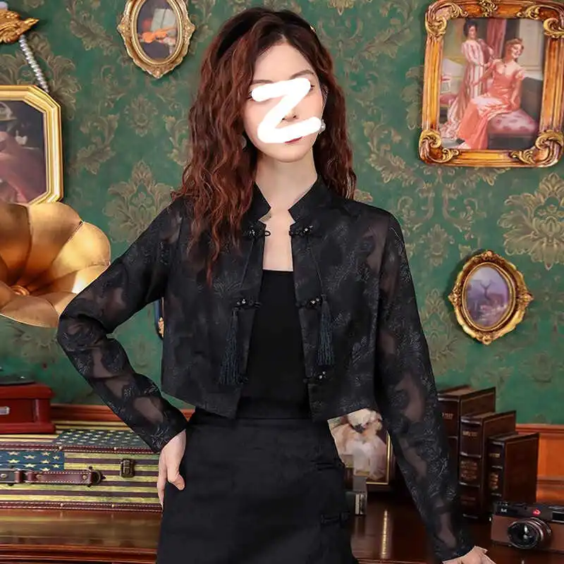 

Retro Chinese Sle Sun Protection irt Women's Thin New Chinese Design Collar ort Top Button up Cardigan Spring Summer