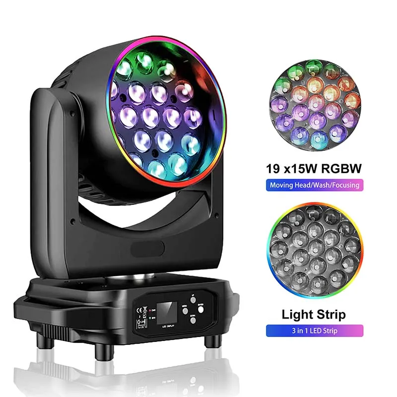 Luz LED con cabezal móvil Zoom Wash, 19x15W, con tira LED, Fiesta Disco, Club, Bar, boda, efecto DMX512, luz de escenario, espectáculo de eventos