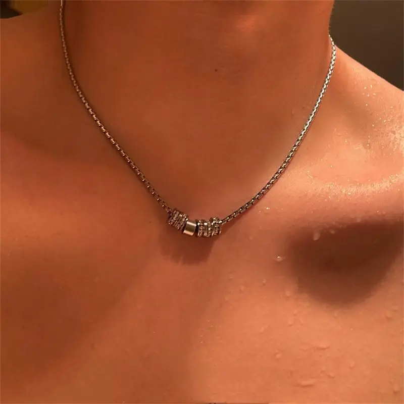Three Ring Paved Rhinestone Waist Bead Thin Snake Chain Necklace 316 Stainless Steel Silver Neutral Minimal Roller Choker