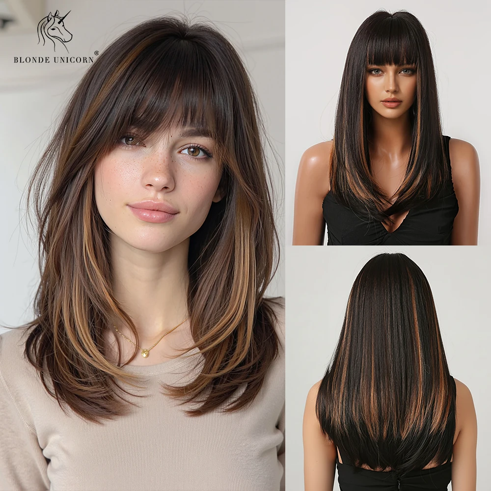 Blonde goldbraune Ombre lange gerade synthetische Perücke für Frauen mit Vorhang-Pony, hitzebeständiges Haar für Frauen, tägliche Party – Detail 13