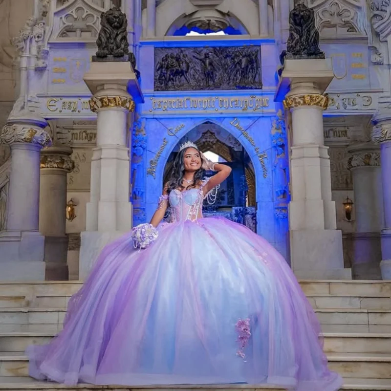 Customized purple Quinceanera Dresses Off the Shoulder applique 3D flower Tull Long tail Vestido 15 Quinceanera