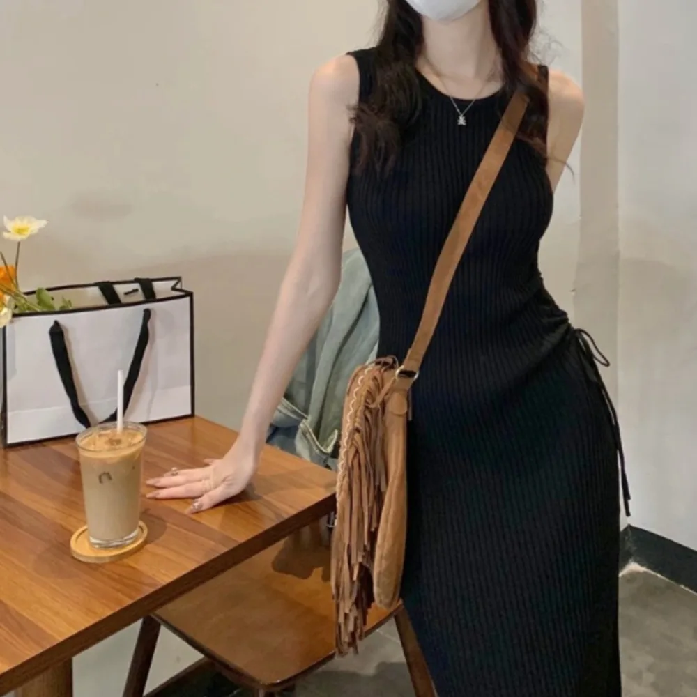 Women Simple Sleeveless Dresses All-match Harajuku Curtly Knitting Package Hip Lace Up Shirring Commuting Daily Spring Classical