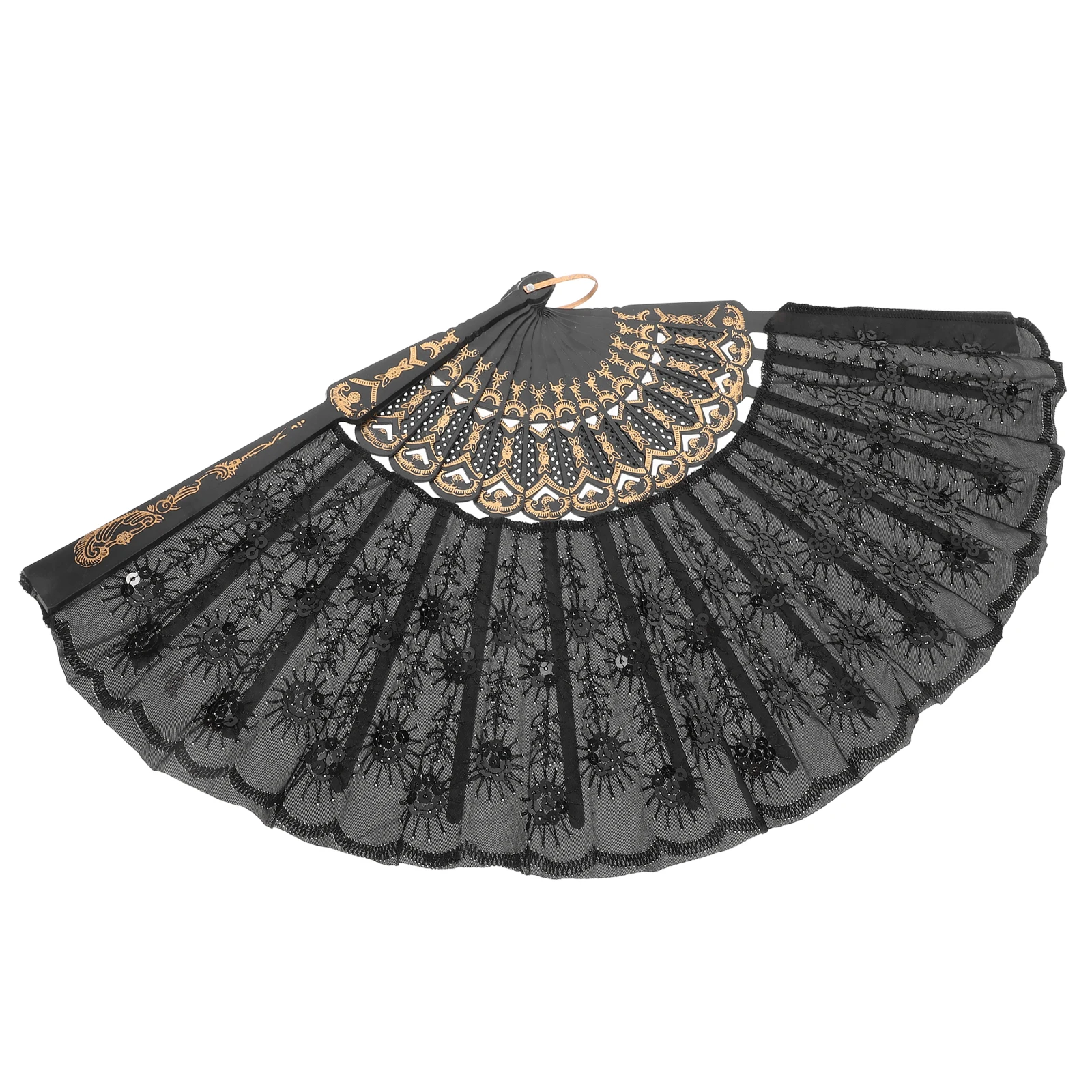 

Black Sequin Fan Peacock Design Handcrafted Folding Decorative Vintage Style Wedding Tea Party Performance Lightweight Durable