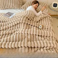 Ultra Soft Faux Rabbit Fur Throw Blanket Warm Plush Striped Blankets Conditioning Quilt Fluffy Throws for Couch Chair Sofa