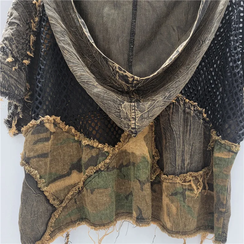 2025 été nouveau Design personnalisé Camouflage Denim épissage maille à capuche Cardigan à manches courtes veste femmes tendance hauts
