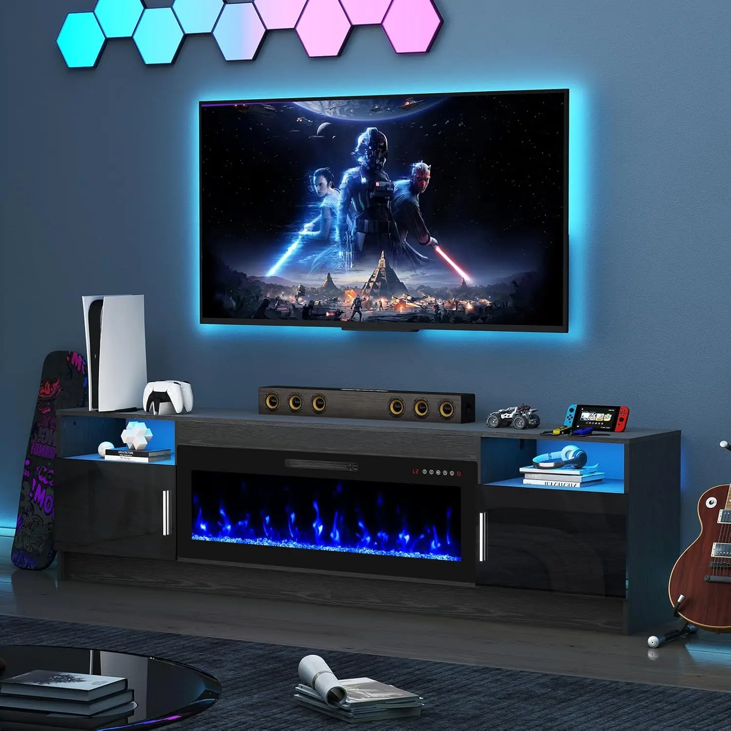 

Подставка для телевизора с электрическим камином, подставка для камина для телевизора 80 дюймов, развлекательная центральная консоль с электрическим обогревателем 42 дюйма, светодиодная подсветка/регулируемая