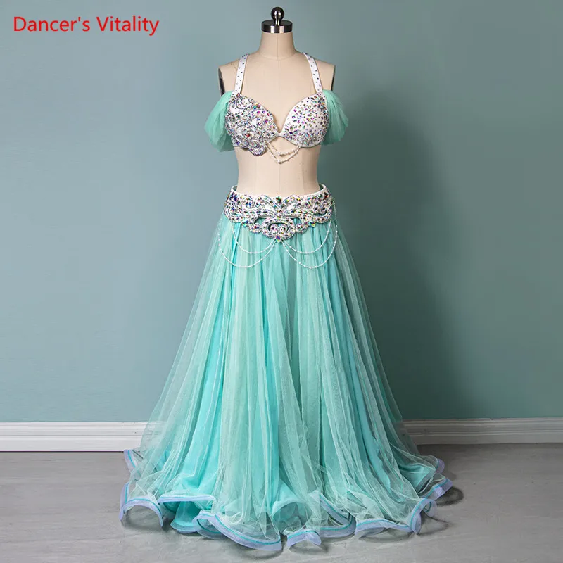 Belly Dance Suit Shiny Diamond Bra Mesh Big Swing Skirt Performance Clothes Set High-End Custom Adult Child Competition Clothing