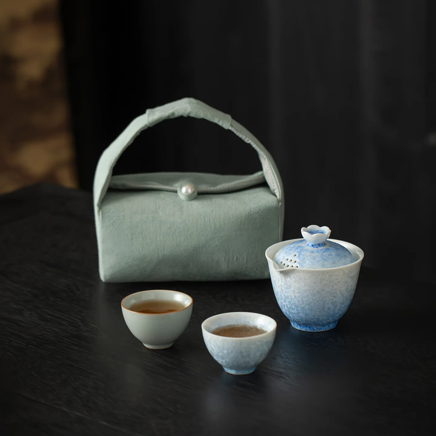 Blue-green crystal glaze Kuaike cup, one pot and two cups, outdoor tea set, portable travel order