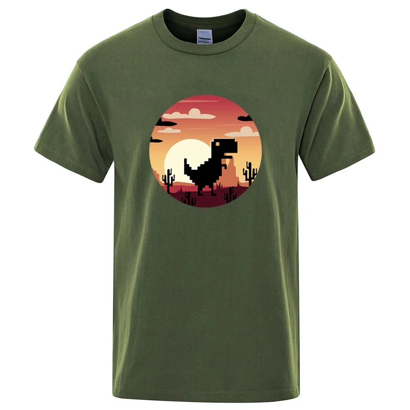 Men's High Quality Pixel Dinosaur Sunset Print Vintage 8Bit Casual Streetwear Summer Top for Dino Lover Men Women Daily Outfit