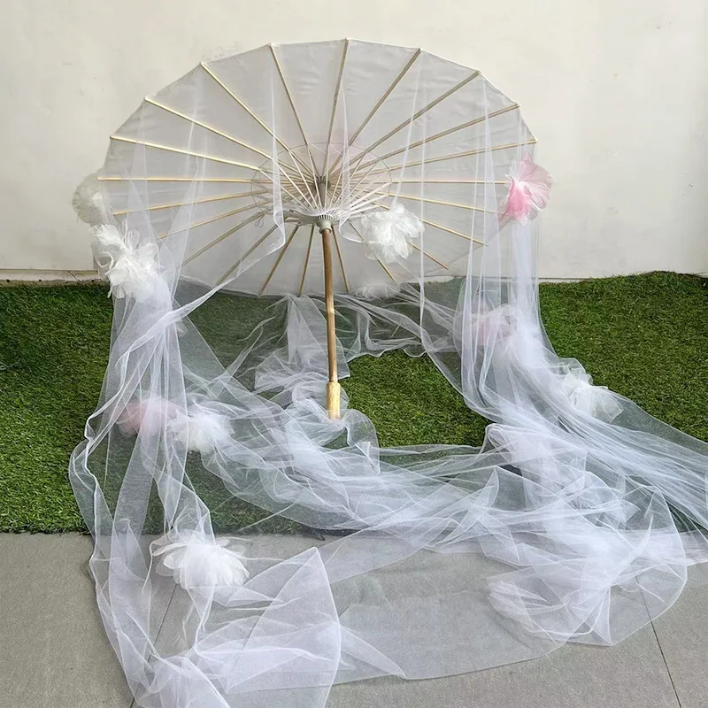 Chinese  Cinema Wedding Photography Props White Gauze Sticky Flowers Oil Paper Umbrellas Dance Shows Parasol Decorative Umbrella