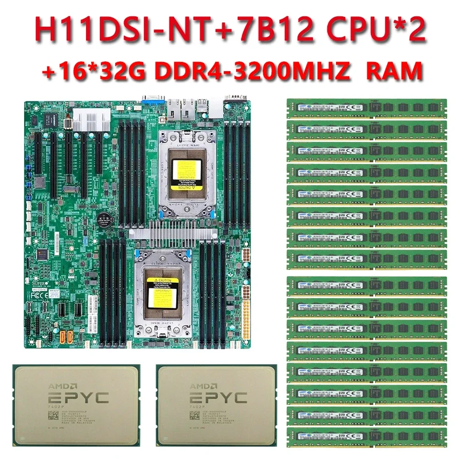 FOR Supermicro H11DSI-NT REV2.0 Motherboard  / 2*AMD 7B12 3.3GHz 64C/128T 240W CPU Processor  / 16*32GB DDR4 3200mhz RAM  Memory