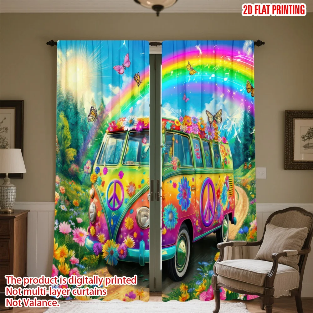 

2D flat printing 2pcs Party Curtains Hippie Rainbow Van Journey Digital Printed Polyester Drapes Seasonal Party & Holiday Decor