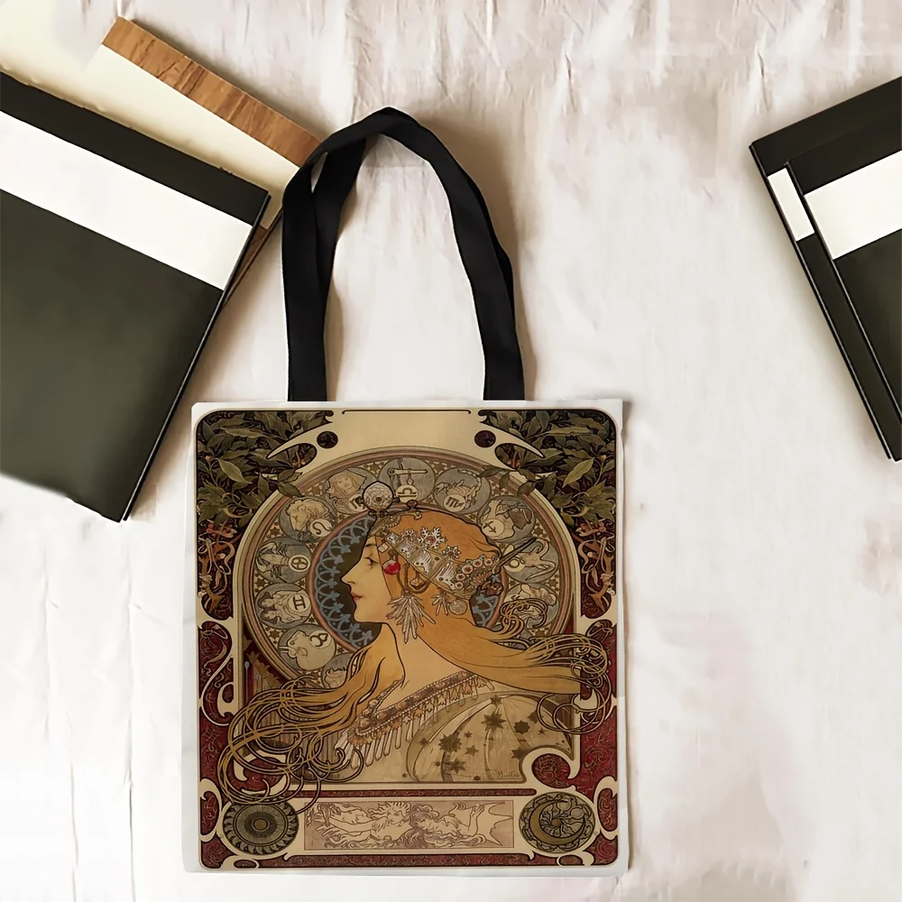 Alphonse Mucha Retro Art Illustration Handbag Shoulder Bag, Versatile Fashion Bag, Daily Casual Shopping Bag