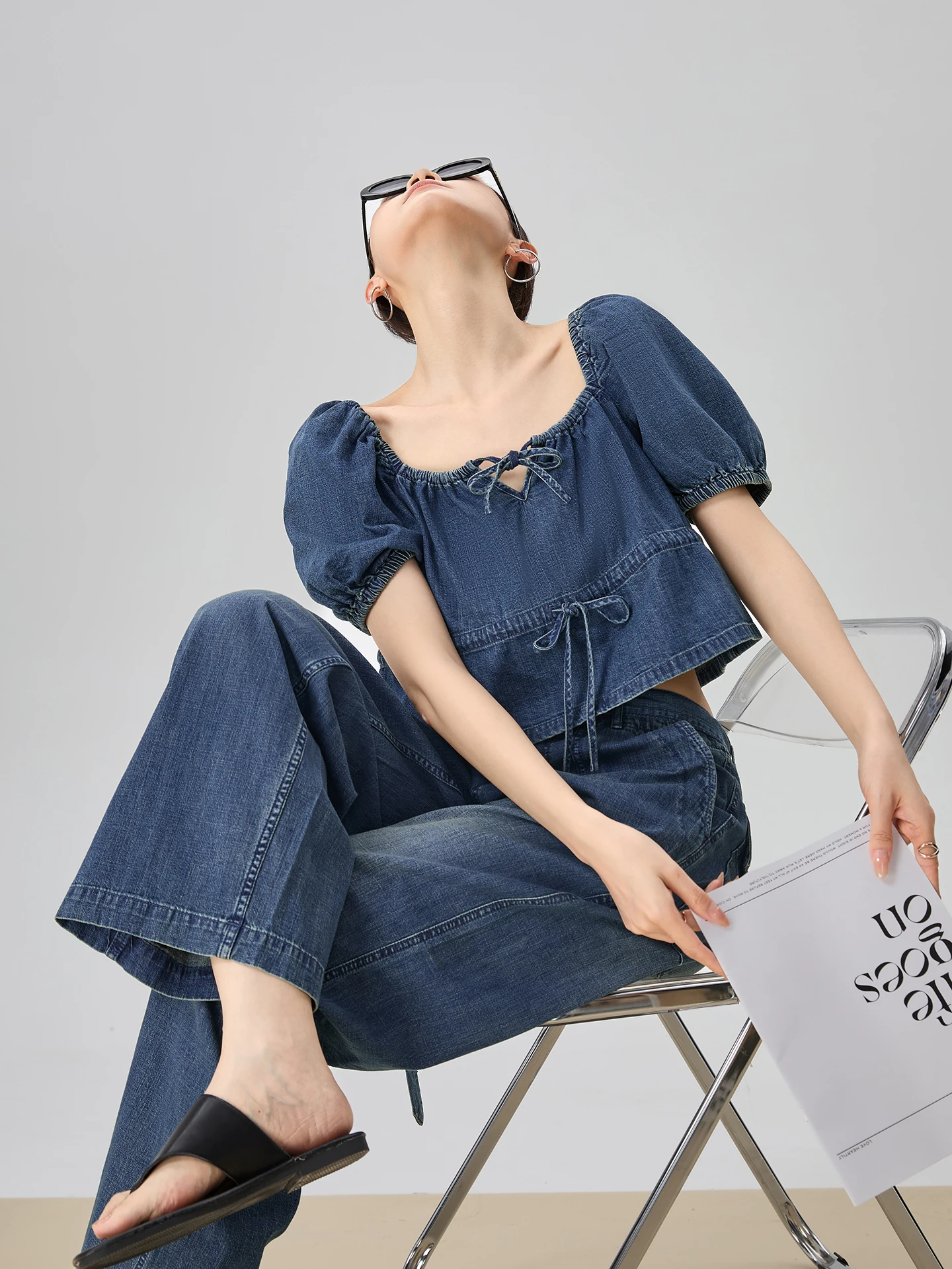 

Корейский летний джинсовый комплект из топа и брюк с рукавами-фонариками, модный женский наряд OOTD