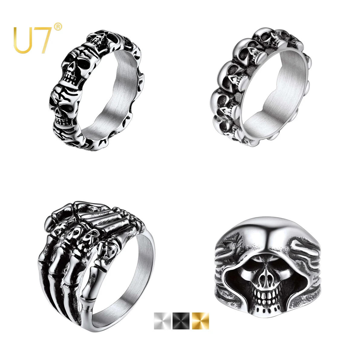 U7 Stainless Steel Skulls Rings for Men Women Size 7-14 Vintage Style Skull Heads Gothic Punk Unisex Hand Jewelry Gift