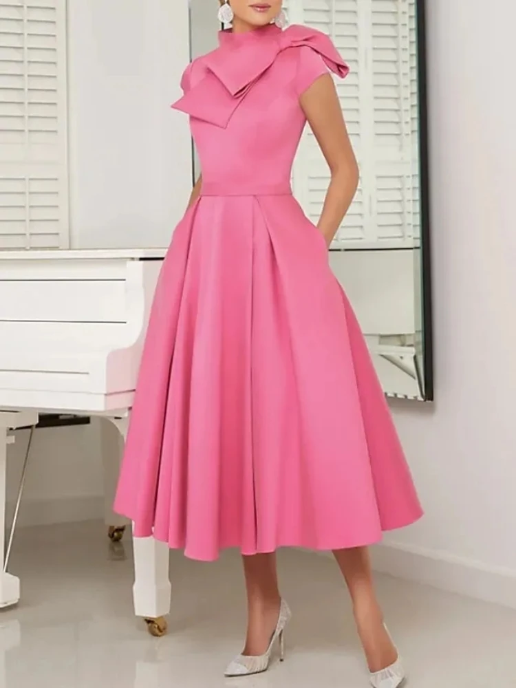 Luxury Evening Dress A-Line With Pockets Elegant High Neck Prom Gown Tea Length Satin Short Sleeve Big Bow Wedding Party Gowns