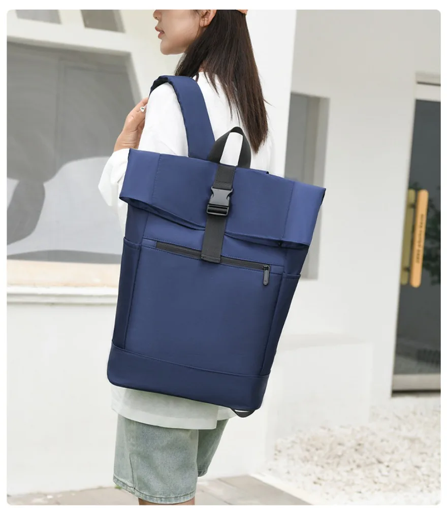 

Light gray roll top buckle backpack anti splash smooth fabric for young people daily commute shopping casual outing