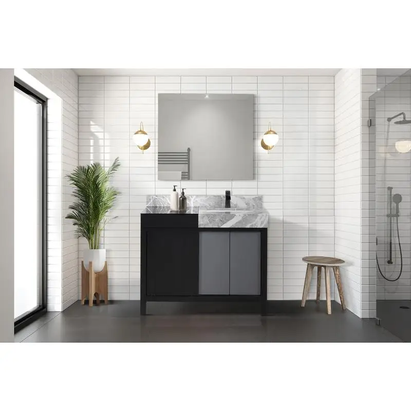 

Black Grey Bath Vanity 42in W x 22in D, Castle Grey Marble Top, Gun Metal Faucet Set, 34in Mirror, Modern Design for Elegant
