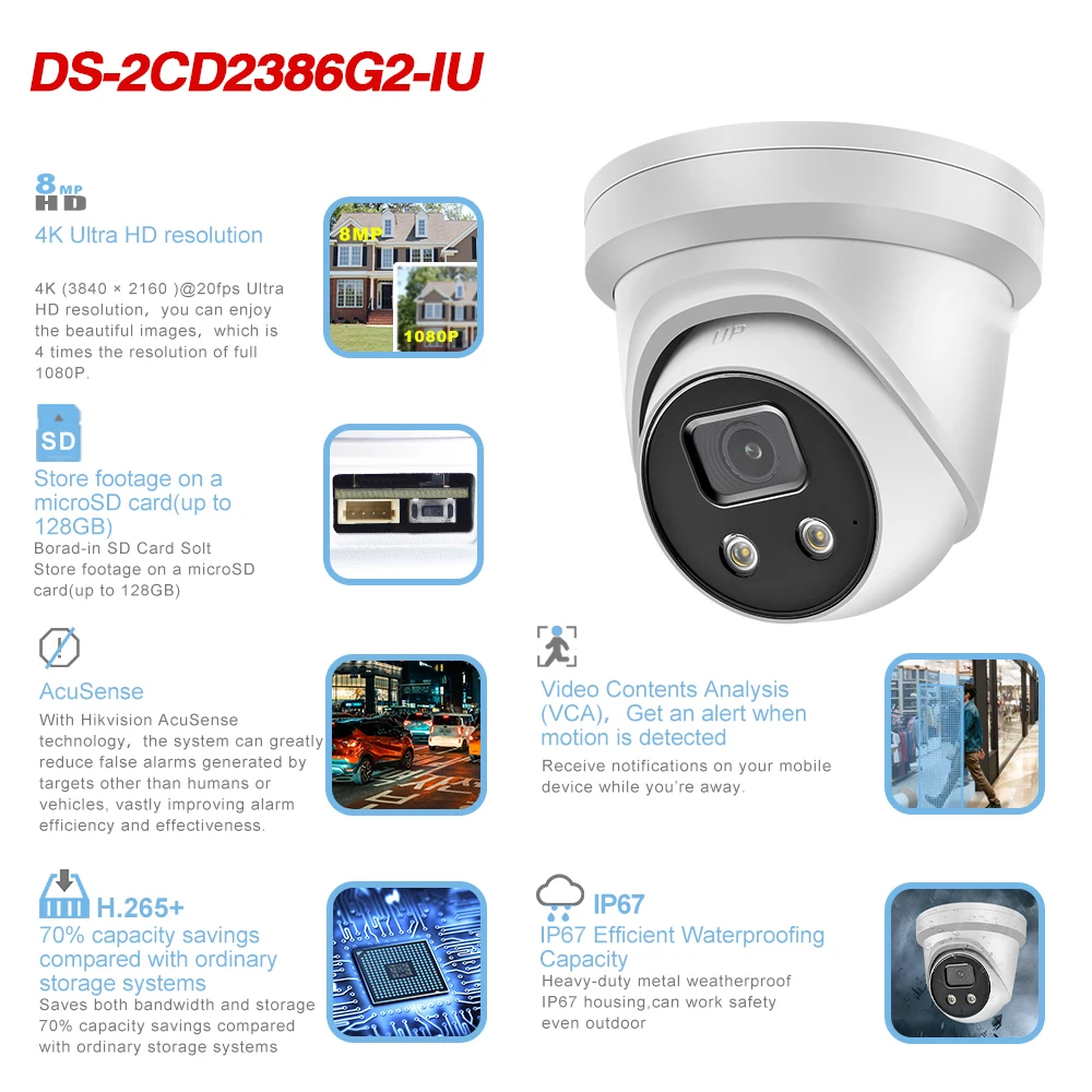 Hikvision 8MP IP Camera DS-2CD2386G2-IU 4K Turret PoE Acusense Human Vehicle Classification Built-In Mic SD Card Slot H265+ IP67