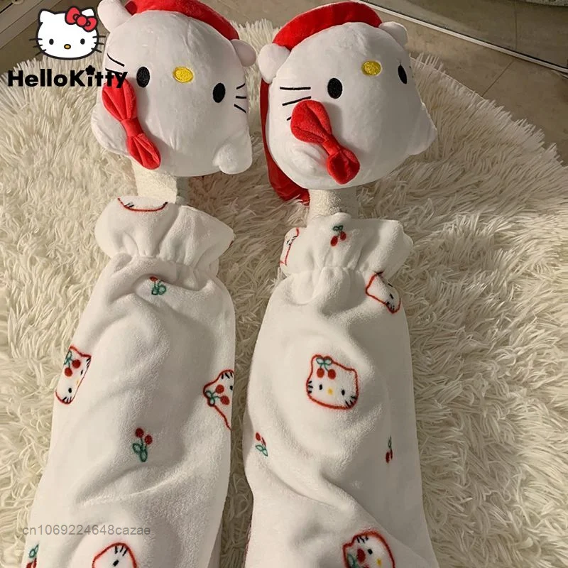 Sanrio Hello Kitty Soft Coral Fleece Home Pants 2022 Autumn Winter Cute Flannel Ruffle Nightpants Plush Sweet Pants For Women