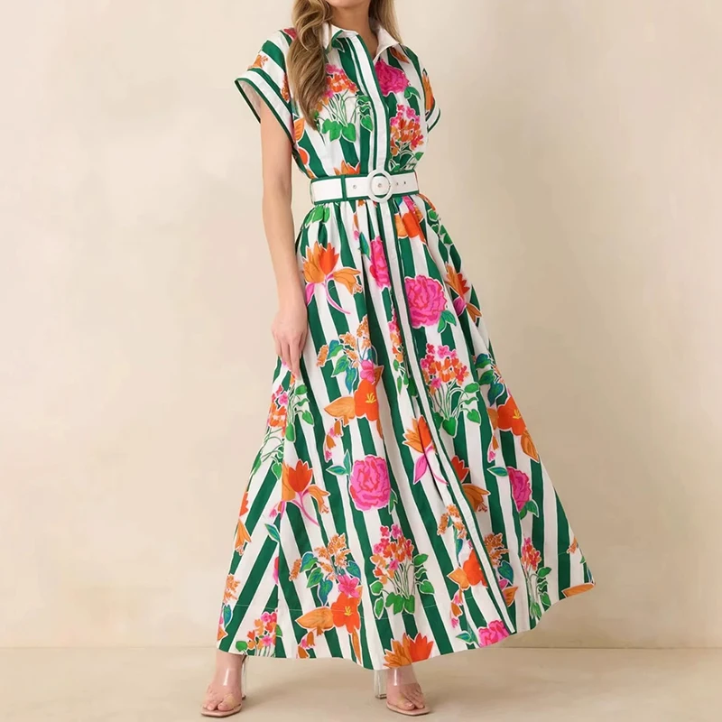Casual Pocket Hight Waist Party Dresses Women Fashion Pattern Print Short Sleeve Dress Elegant Lapel Match Belt Waist Long Dress