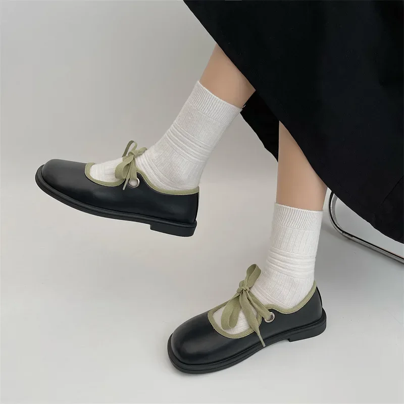 Casual Low Heel Leather Shoes for Women Round Toe School Mary Janes Pumps Fashion Shallow Dress Shoes Soft Sole Single Shoes