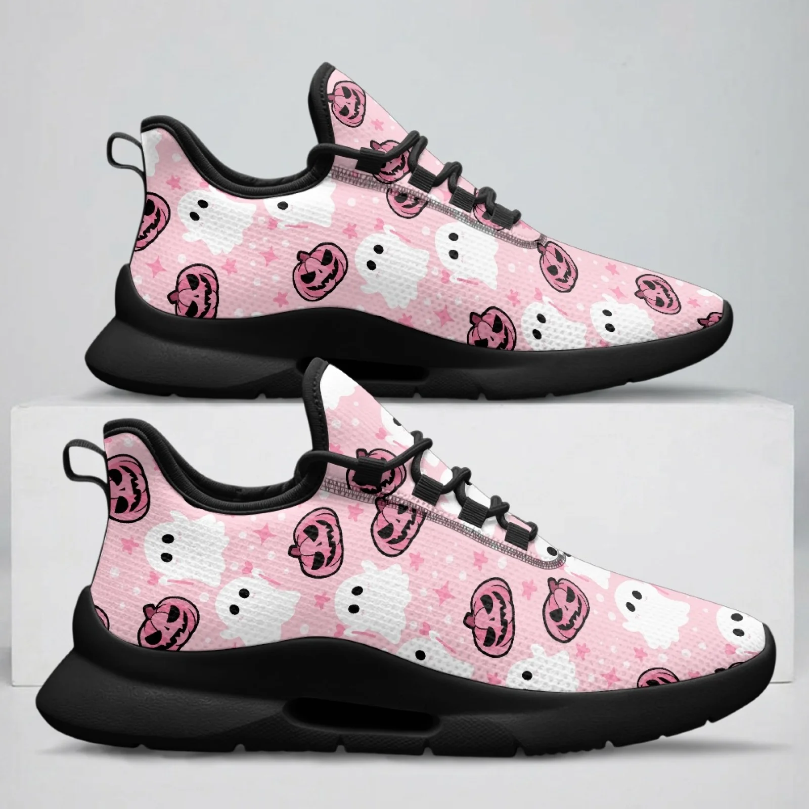 PENSTROLL Ghost Pumpkin Print Durable Comfortable Men's Mesh Sneakers Flat Lace-Up Shoes for Adult All-Season Wear Business
