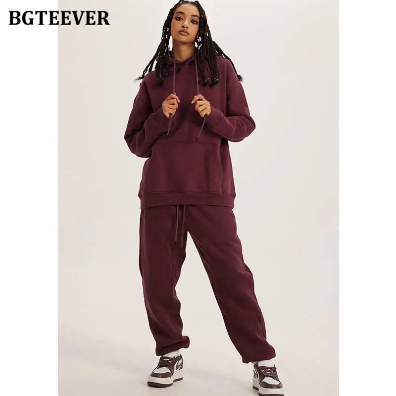 BGTEEVER Women Tracksuits Thicken Fleece Hoodies and Harem Pants Ladies Warm Trousers Set Winter Women Sweatshirts Set 25 Colors