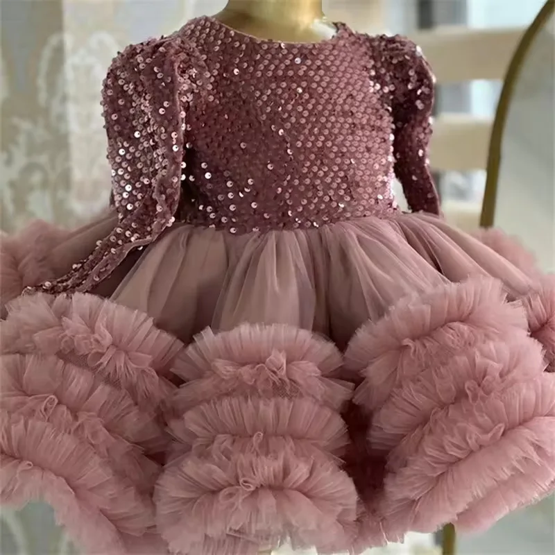 

New Custom Flower Girl Dress with Sequined Princess Ball Gown Baby Girl Birthday Party Dresses Glitter First Communion Dress