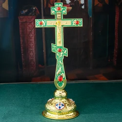 HTISOK Orthodox Church Supply Religious Gift Gold Color Handhold Cross Pray Blessing Altar cross With Stand Church Decor