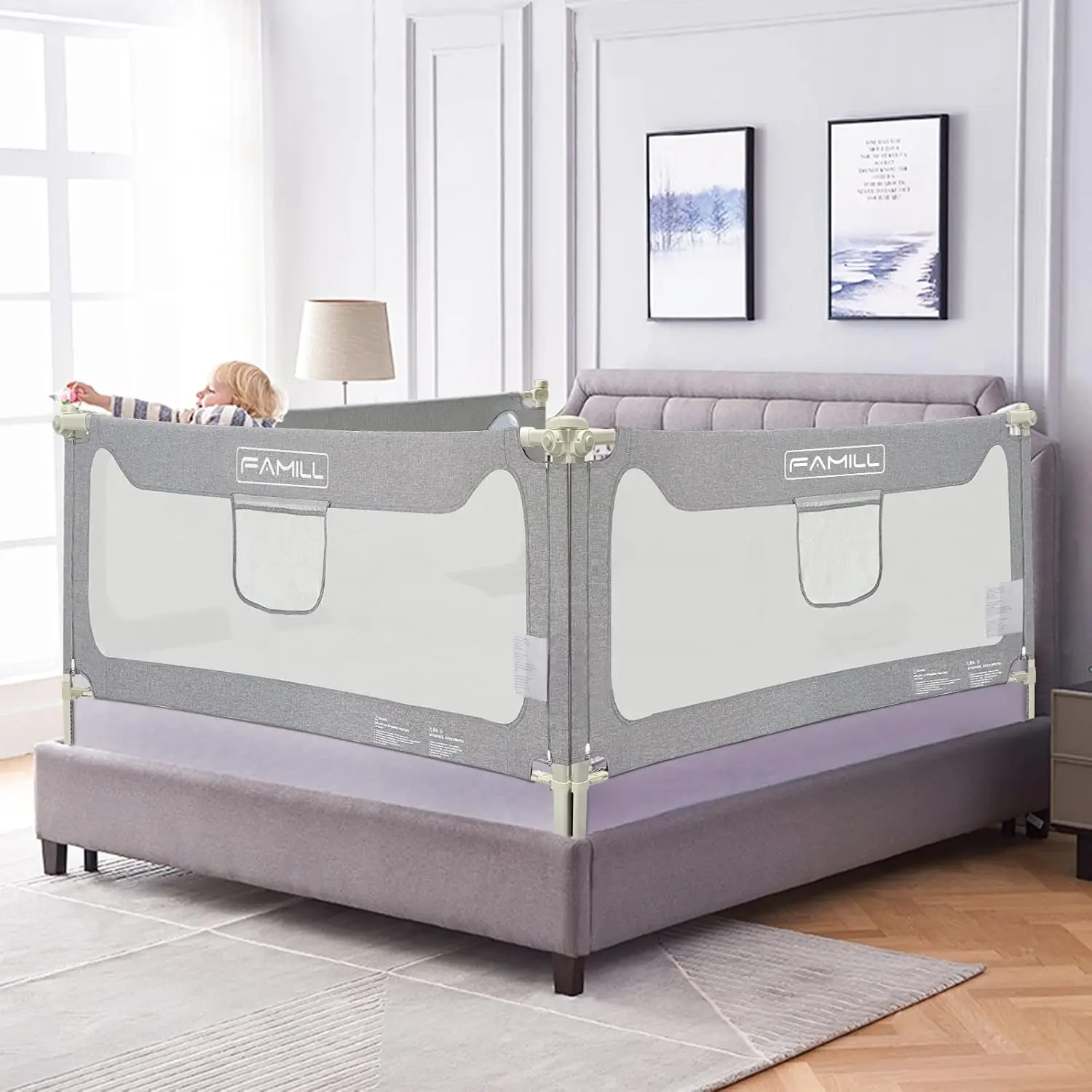 

U-Shaped Toddler Bed Rail for King/Twin/Full Size, Grey, 74.8", Easy Setup & Stable Guard