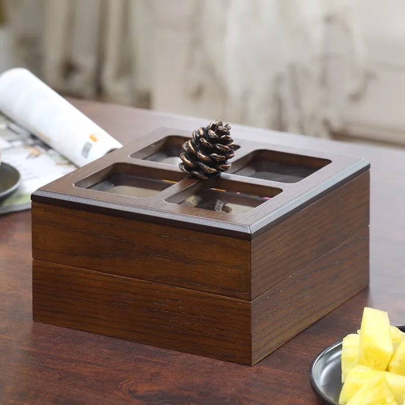 Solid wood snack storage box, dried fruit box, home hotel living room desktop grid storage box