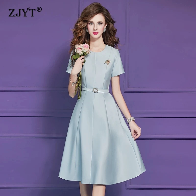 

ZJYT Summer 2026 Women's Casual Dresses Short Sleeve Elegant Solid Simple Office Lady Dress Female Clothes Vestidos with Belt