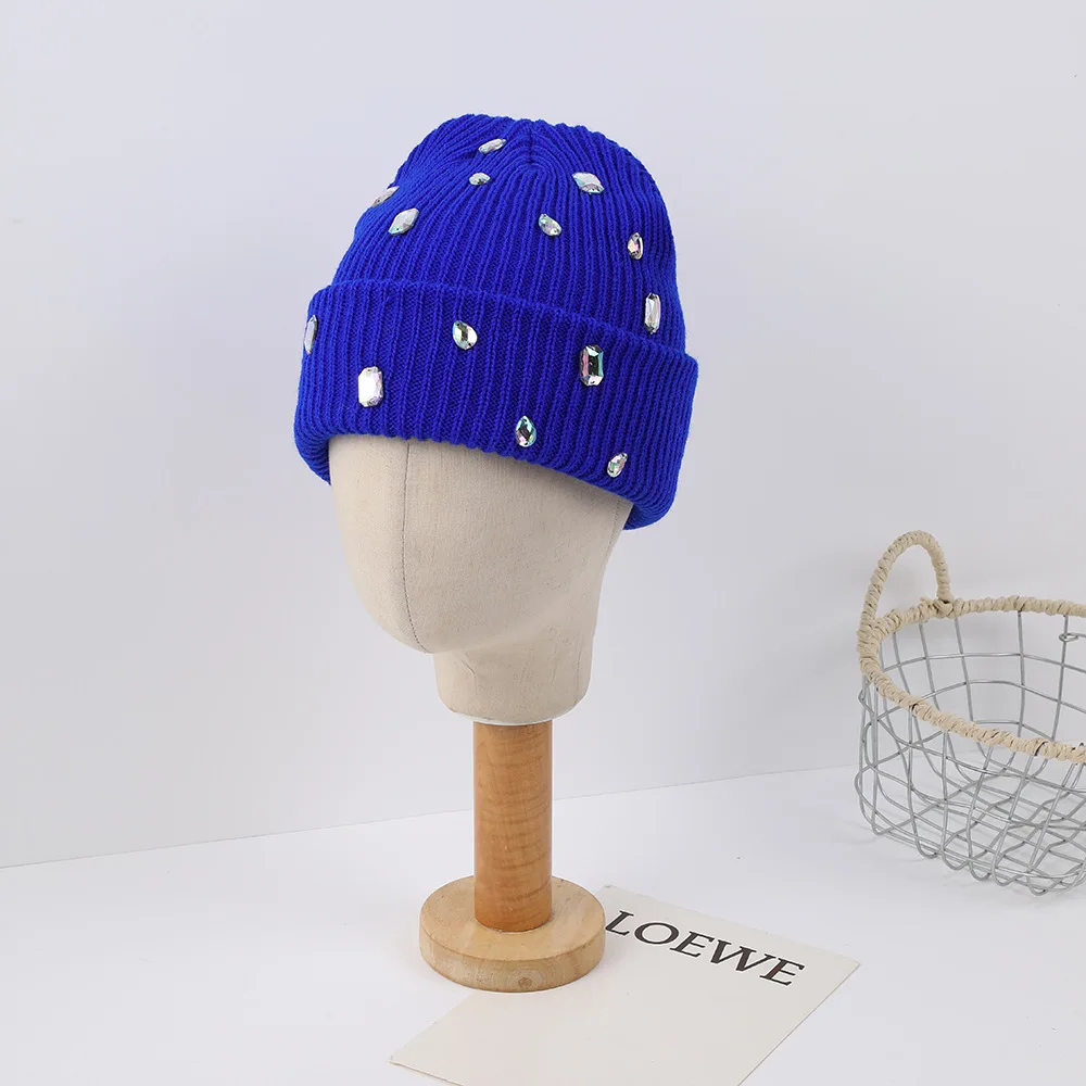 Fashionable Versatile Rhinestone-embellished Beanie Autumn/Winter Pullover Knit Cap Punk-style Rhinestone-adorned Hat