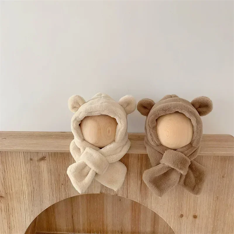 Warm Hat Scarf for Infant Baby Fashion Kawaii Cartoon Bear Ear Newborn Hat Winter Thicken Plush Warmer Toddler Beanie Scarf