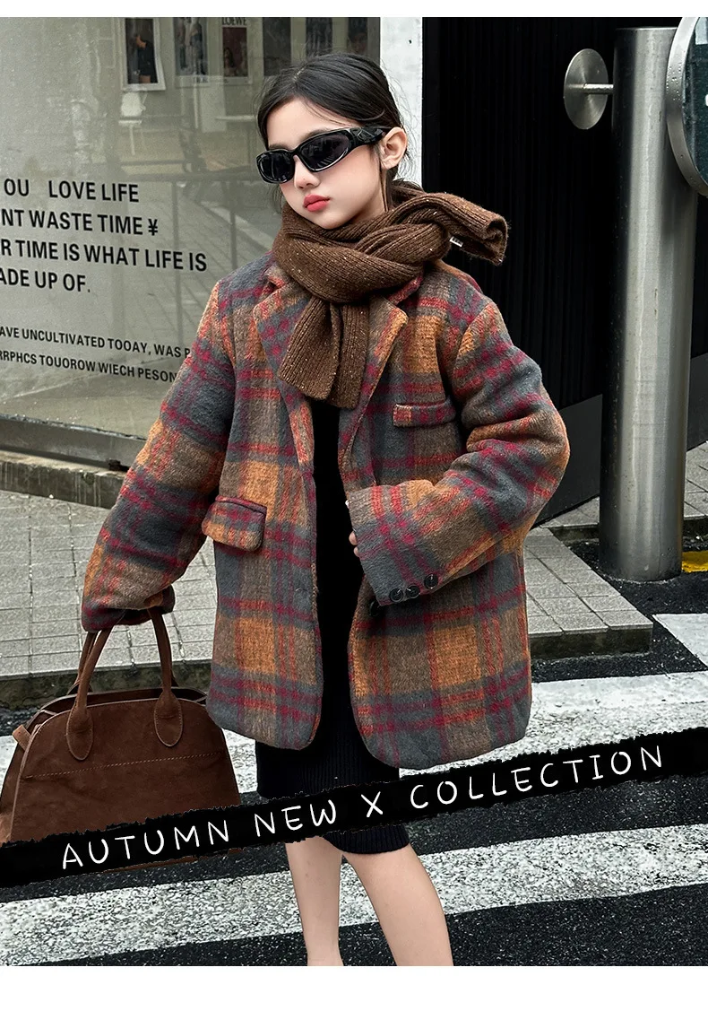 Girls Fleece Thick Plaid Coat Children 2024 New Autumn Winter Fashion Fleece Thick Warm Coat European Fashion Style Clothes