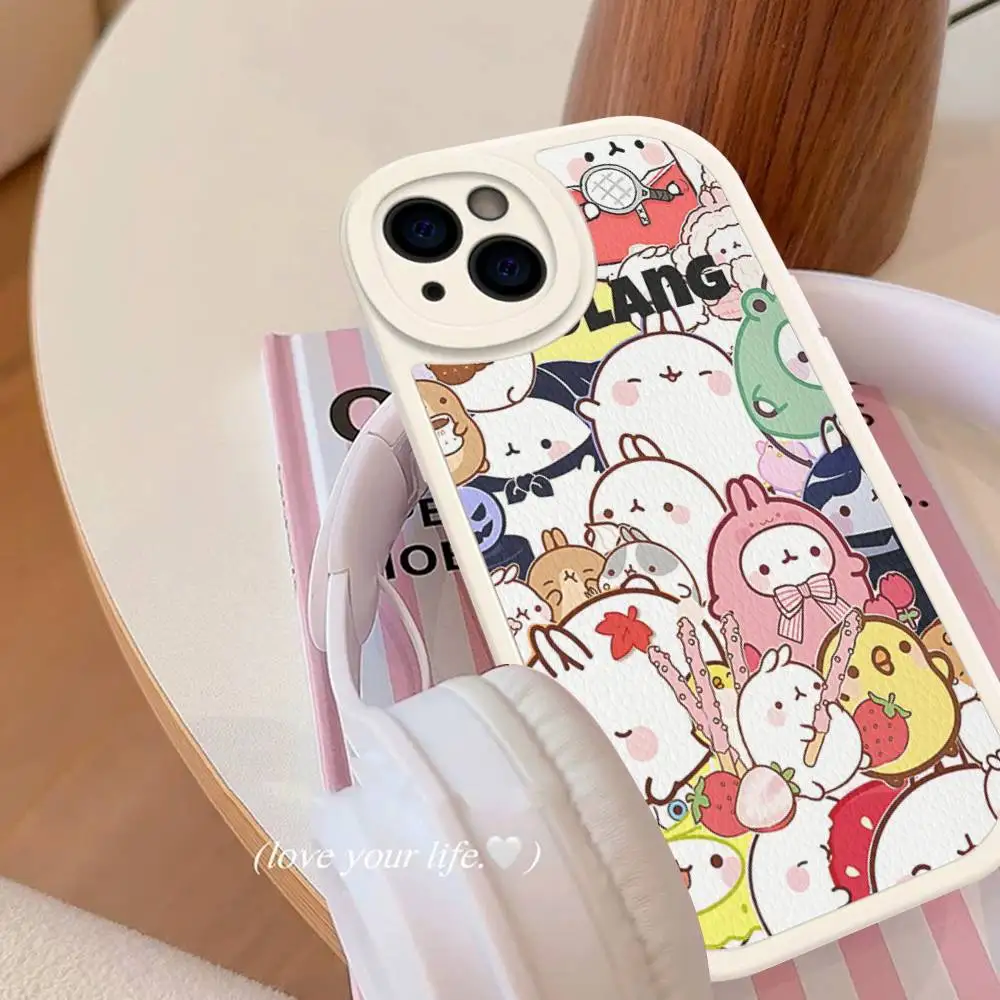 Kawaii M-Molangs Phone Case Hard Leather For IPhone 14 13 16 Mini 15 14 11 12 Pro Max Plus Fundas 5