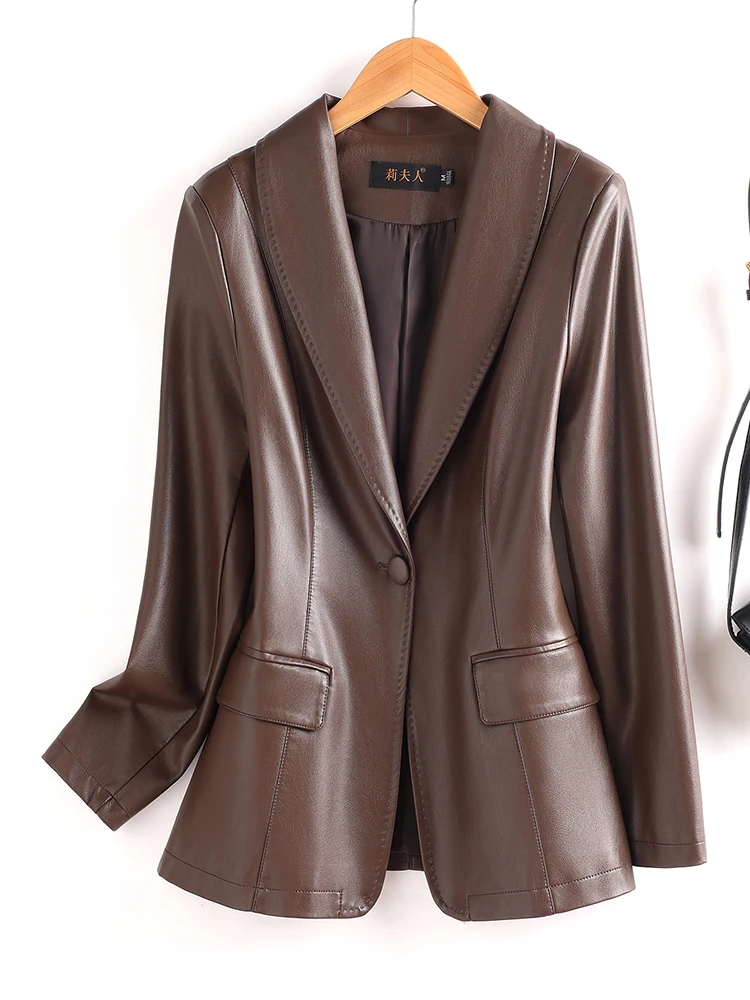 Jaqueta Feminina de Couro Genuíno de Carneiro Haifeng Nova Coleção Primavera Outono - Modelo Slim Fit Elegante