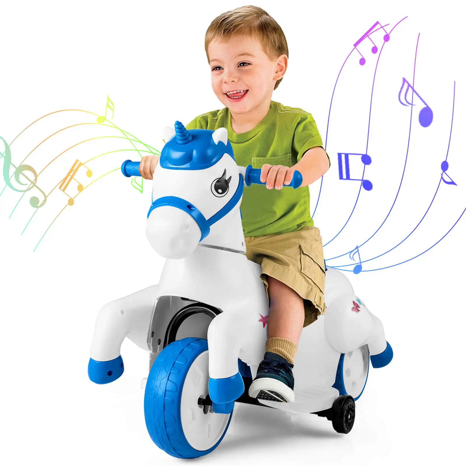 12V Kids Ride on Unicorn Toy w/ Training Wheels Music One-button Start Horse Toy