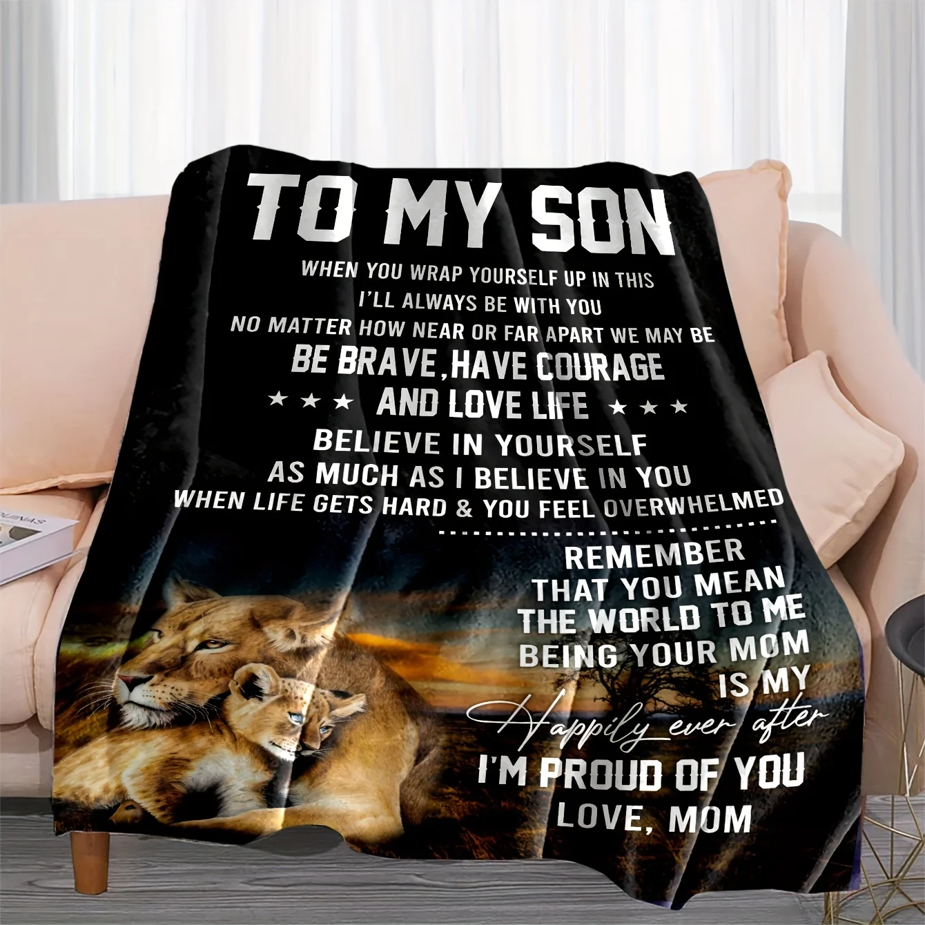 Mother Lion Parent Child Printed Flannel Blanket, Warm Gift From Mother To Son, Soft Sofa Napping Cover Carpet